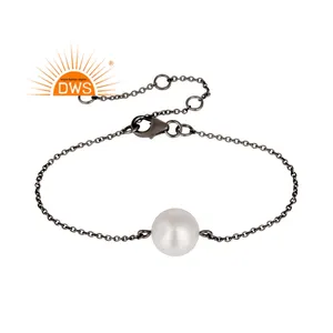 Fresh Water Pearl Gemstone Bead Bracelet Black Rhodium Plated Designer Silver Chain Bracelet Jewelry Supplier