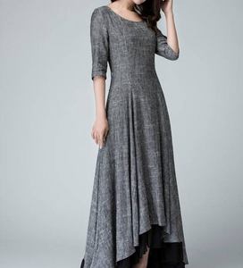 Vestido Maxi de Lino Gris para Mujer, con Forro de Algodón, Corte en A, Manga Corta, Sin Cuello, Dobladillo Asimétrico, Formal, Holgado, para Verano - Product Image 4