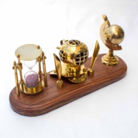 Sablier en laiton de haute qualité, thème marin, avec casque de plongée et support de bureau en bois pour globe et stylo, décoration de bureau