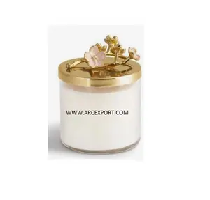 Moderne Witte Kleur Met Gouden Ontwerp Bladontwerp Grote Decoratieve Kaarsenpot Voor Thuis