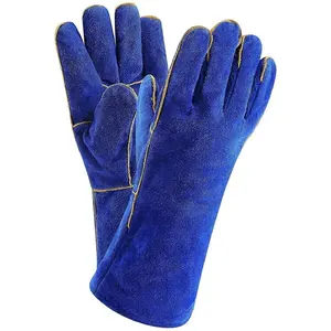 Luvas de soldagem para fogão de acampamento, forja em couro resistente ao calor, luvas de soldagem azul para forno e lareira, churrasco, forno Mig Tig