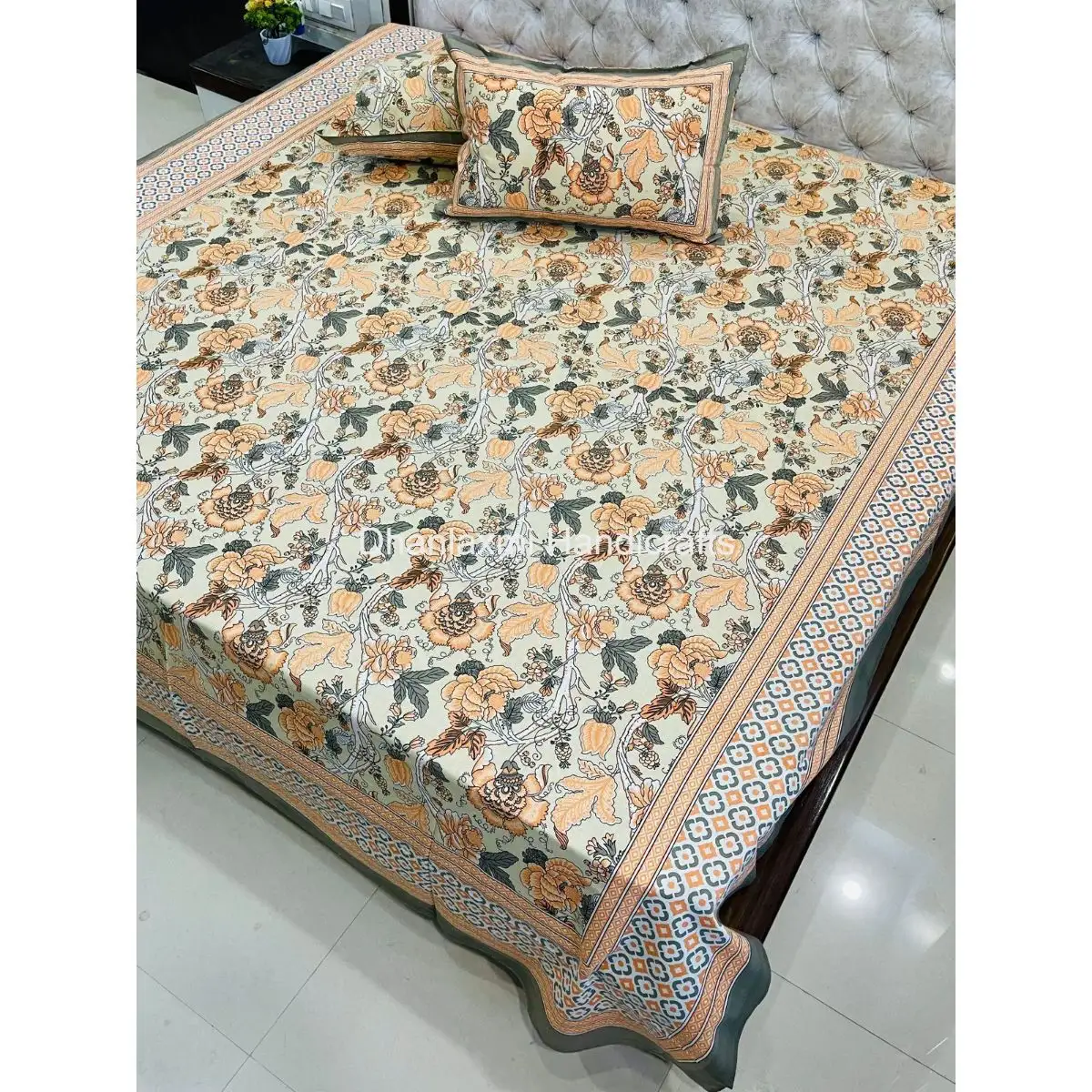 Jaipuriデザイン手作り寝具ベッドシーツコットンベッドサイズハンドブロックプリントベッドカバーセット卸売インドのベッドシーツ
