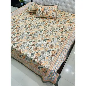 Jaipuri 디자인 수제 침구 침대 시트 코튼 침대 크기 손 블록 인쇄 침대 커버 세트 도매 인도 침대 시트
