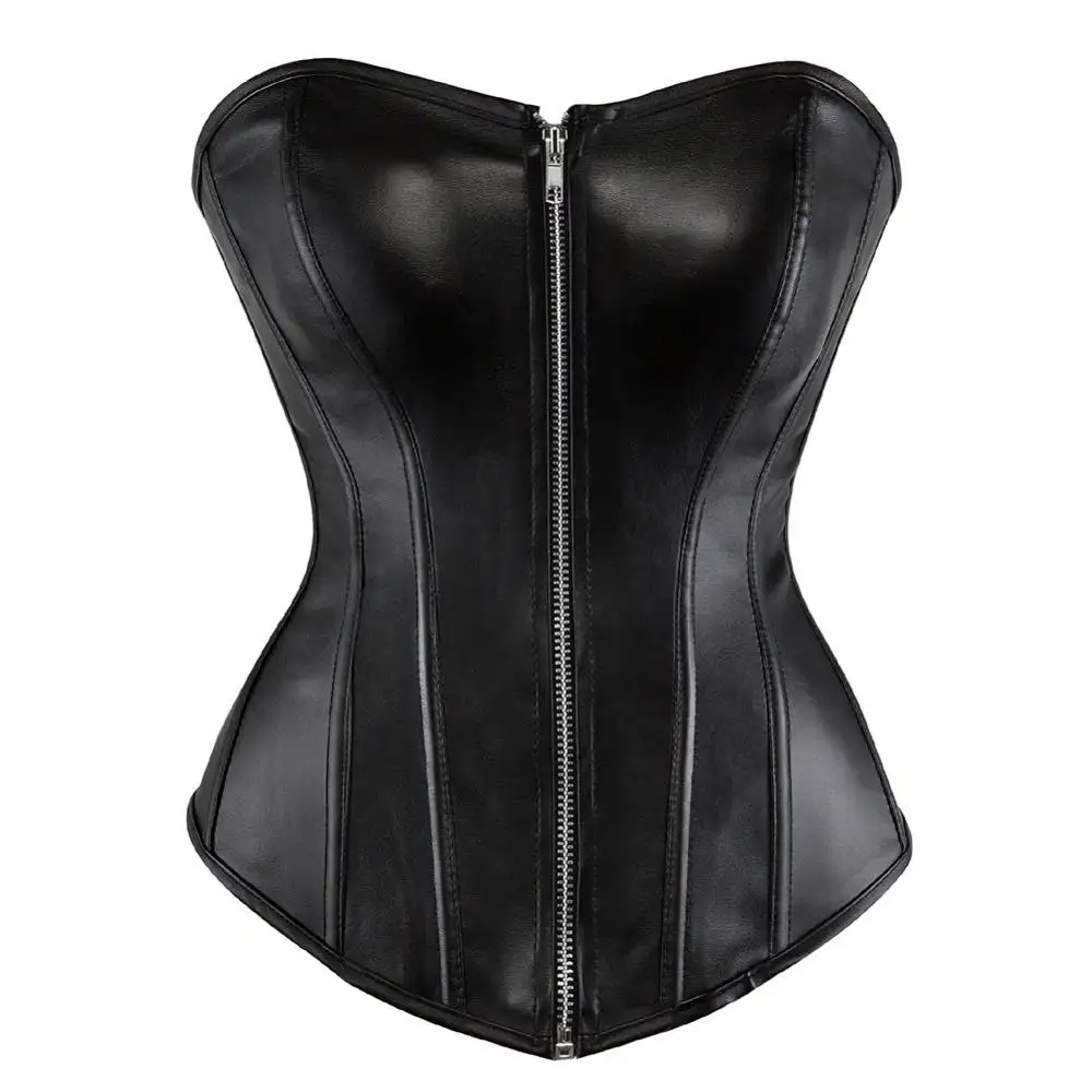 2020 Latest Wholesale Women Steampunk Black Leather Corset Over bust Bustier Steel Boned Front Zip Up Gothic Lace Up Corset Top