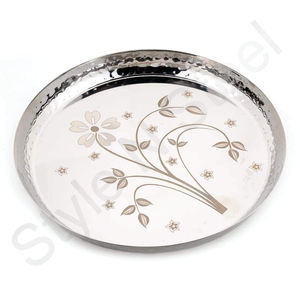 Assiette à dîner ronde en acier inoxydable écologique avec motif floral Plateau de service Plateau à vaisselle avec chargeur Plateau à assiettes - Product Image 1