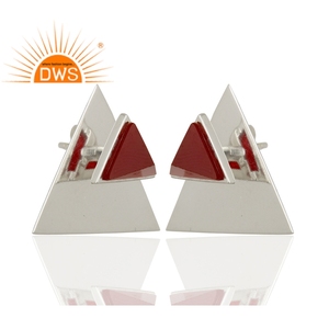 <b>Red</b> Onyx Gemstone Triangle Design Stud <b>Earring</b> Jewelry Wholesaler 925 Sterling Fine Silver Jewelry Supplier - Product Image 2