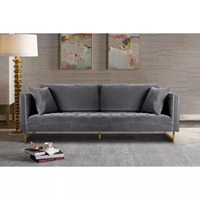Canapé en velours gris avec coussins, accoudoirs carrés, assise capitonnée, pieds dorés, style moderne pour salon, vente en gros, directement de l'usine