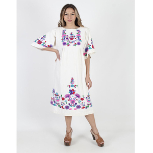 <b>White</b> Boho Embroidered <b>Organza</b> Midi <b>Dress</b> Floral Pattern Collarless Neckline Cap Sleeve Loose Fit Cotton Summer Casual <b>Dress</b> - Product Image 1