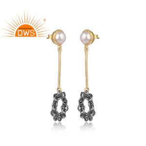 Conjunto de perlas de joyería de latón hecho a mano, pendientes étnicos de gota larga hechos a mano de oro de latón - Product Image 2