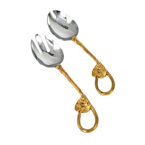 Barra de ensalada para servir ensalada, cuchara para servir y tenedor, mango de hoja plegable, juego de cubiertos con mango giratorio para servir ensalada, cabeza plateada - Product Image 1