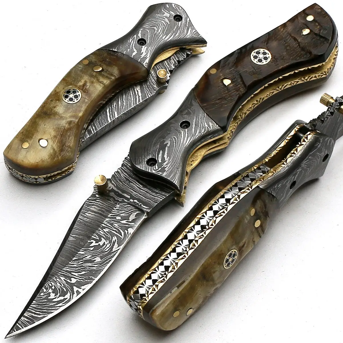 سكين جيب مخصص مصنوع يدويًا من الفولاذ الدمشقي والصيد التكتيكي في الهواء الطلق سكين جيب حاد قابل للطي مع مقبض وذاكرة رام