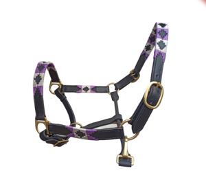 Halter de polo de cuero de caballo Premium con trenzado de hilo morado y blanco para mayoristas - Product Image 1
