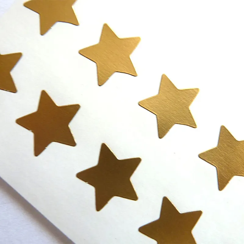 أوراق ملصقات بالليزر, أوراق ملصقات ذهبية بعلامة تجارية إيجابية تحتوي على 5 نجوم ، ورق ملصقات بتصميم نجمة ذهبية