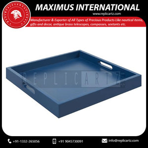 Luxury Blue Wooden Art Deco Multi-functional Serving Tray | Square Decorative Coffee <b>Table</b> Ottoman <b>Vanity</b> Organizer Decor - Product Image 6