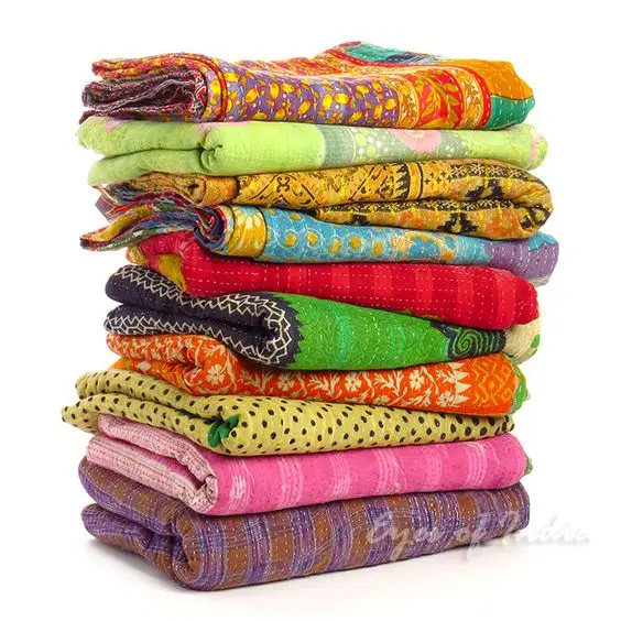 Couette Vintage en tissu plaid motif Kantha Gudri, linge de lit décoratif fait main, couverture