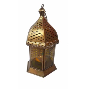 Lanterne marocaine hexagonale en fer indien de qualité supérieure, en métal doré, attrayante et unique, porte-bougie, décorations de fête élégantes Atiqco - Product Image 1