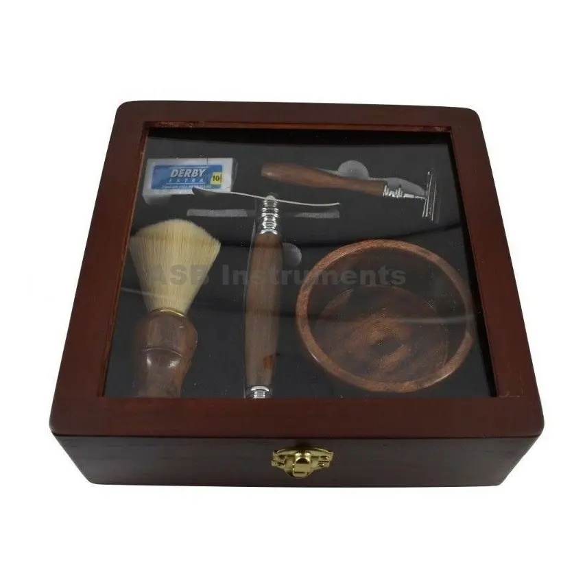 Juego de afeitado con caja de madera para hombre, Kit de afeitado con soporte de afeitado, cepillo, bol y maquinilla de afeitar de seguridad