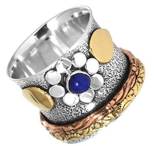 Anillo de martillo de piedra preciosa de lapislázuli de dos tonos, anillos de plata de ley 925 Eternity Vermeil, hermosa joyería de moda - Product Image 3