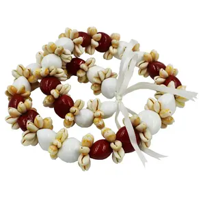 Customized Red/White Hawaiian Kukui Nut Lei Necklace Made with Real Kukui Nut Cowry Sea Shell Beads Necklace for Men and Women