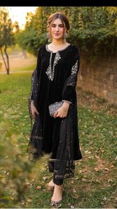 NEW---BEAUTIFUL EMBROIDERY WITH CRYSTAL GLASS BEADS,DABKA,WORK on BLACK VELVET KAMEEZ ,PANT DRESS for Party-WEAR /WEDDING@ 2022 - Product Image 2
