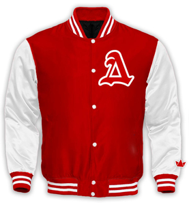 Blouson de baseball en satin rouge et blanc, pour homme, avec lettres romaines - Product Image 1