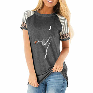 Women's Casual Summer <b>Cat</b> Print <b>Tops</b> Short Sleeve Crew Neck T-Shirt Denim Flannel Batik-Custom Labeling Printing Service - Product Image 5