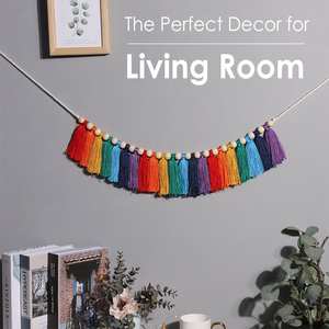 Guirlande de pompons arc-en-ciel avec perles en bois, tenture murale Boho - Product Image 5