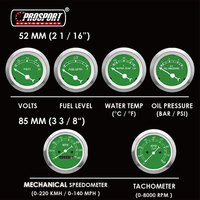 Kit Gauge Seri Klasik 85mm 52mm Warna Hijau Jarum Putih 6 Meter Termasuk Speedometer Mekanik Tachometer Temperatur Air Volt