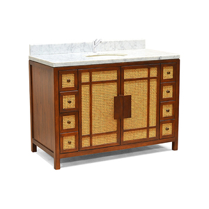 Tocador de madera de caoba sólida y ratán con mármol azul, elegante madera contrachapada tradicional de 1219X600X890, tejido abierto de ratán - Product Image 1