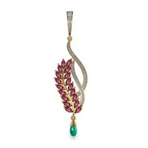 18k Solid Gold Diamond Emerald Drop Pendant Real Gold Diamond Ruby Leaf Pendant For Women Gold Diamond Fine Jewelry Supplier