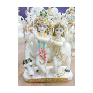 ทำด้วยมือหินอ่อนสีขาวบริสุทธิ์ Radha กฤษณะ Jugal Jodi กับวัว - Product Image 1