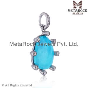 Prong Set de piedras preciosas de turquesa plata 925 oxidado Natural diamante diseñador colgante de joyería al por mayor - Product Image 3