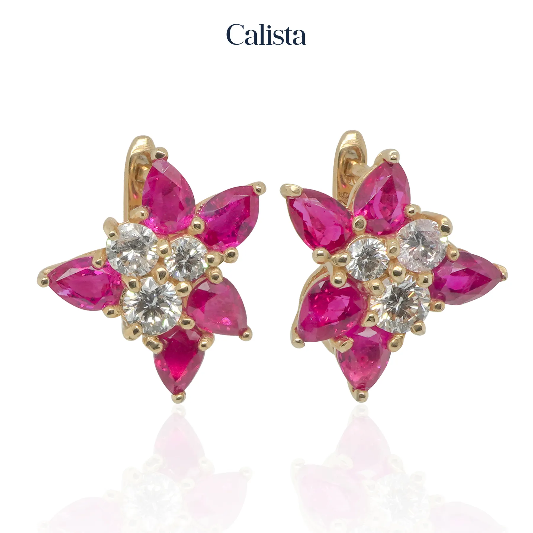 Gaya Trendi Bunga Berbentuk Batu Permata Berlian 14K Kuning Emas Diisi Batu Ruby Stud Earrings untuk Wanita