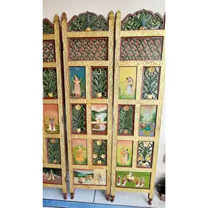 Parede de tela pintada à mão indiana, parede para decoração do quarto, decoração, artesanal, com 4 painéis de ouro puro 24k, divisor dobrável