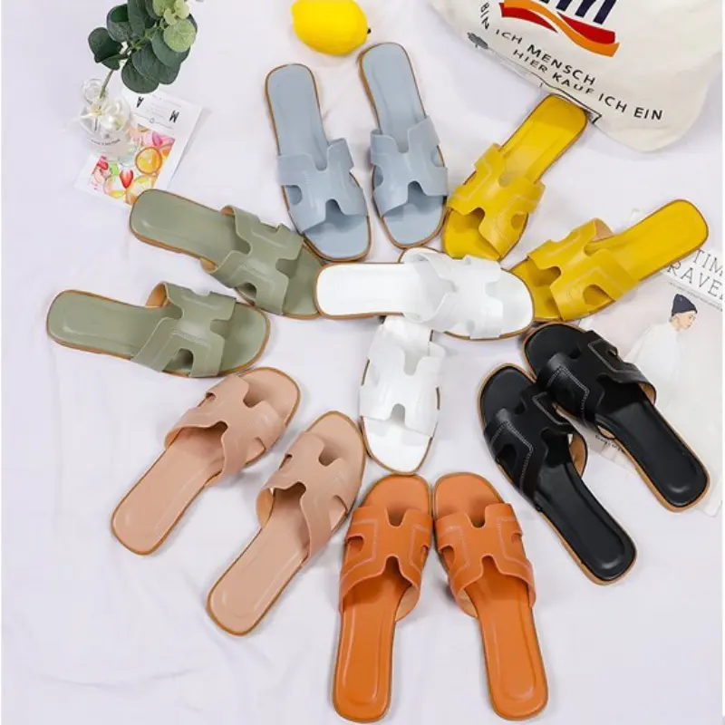 Ladies Shoes Flat Casual Fashion Designer Brand Slipper Pu Leather Women Beach Oran Sandals Outdoor Casual One Thong Slipper