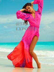 Vestido Largo Cruzado de Seda Hecho a Mano, Casual, de Lujo y Comodidad Única para Mujer, Sexy y Personalizado 2026, Hermoso Color Fucsia Naranja - Product Image 3