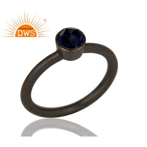 Pierre précieuse en saphir bleu corindon, anneau empilable, fournisseur de bijoux, argent Sterling, noir - Product Image 2