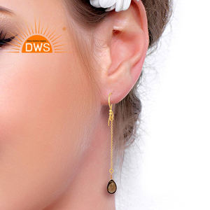 Natural Smoky Topaz Gemstone 925 Silver <b>Gold</b> Plated Threader Chain <b>Earrings</b> Manufacturer - Product Image 4