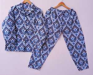Conjunto de Pijama de Tela de Algodón con Estampado en Bloque al por Mayor, Camisa de Manga Larga y Pantalón con Cintura Elástica, Ropa de Dormir Cómoda e Informal para Mujer - Product Image 1