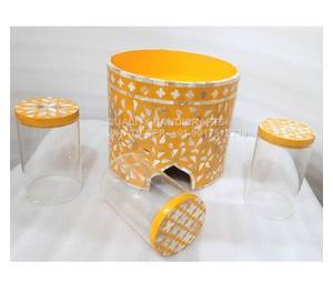 Arabic Style Ramadan Eid Gift Mop Inlay <b>Cake</b> <b>Stand</b> <b>With</b> Acrylic Jar 3 Pcs Set Mop Wooden <b>Lid</b> From India by Quality Handicrafts - Product Image 5