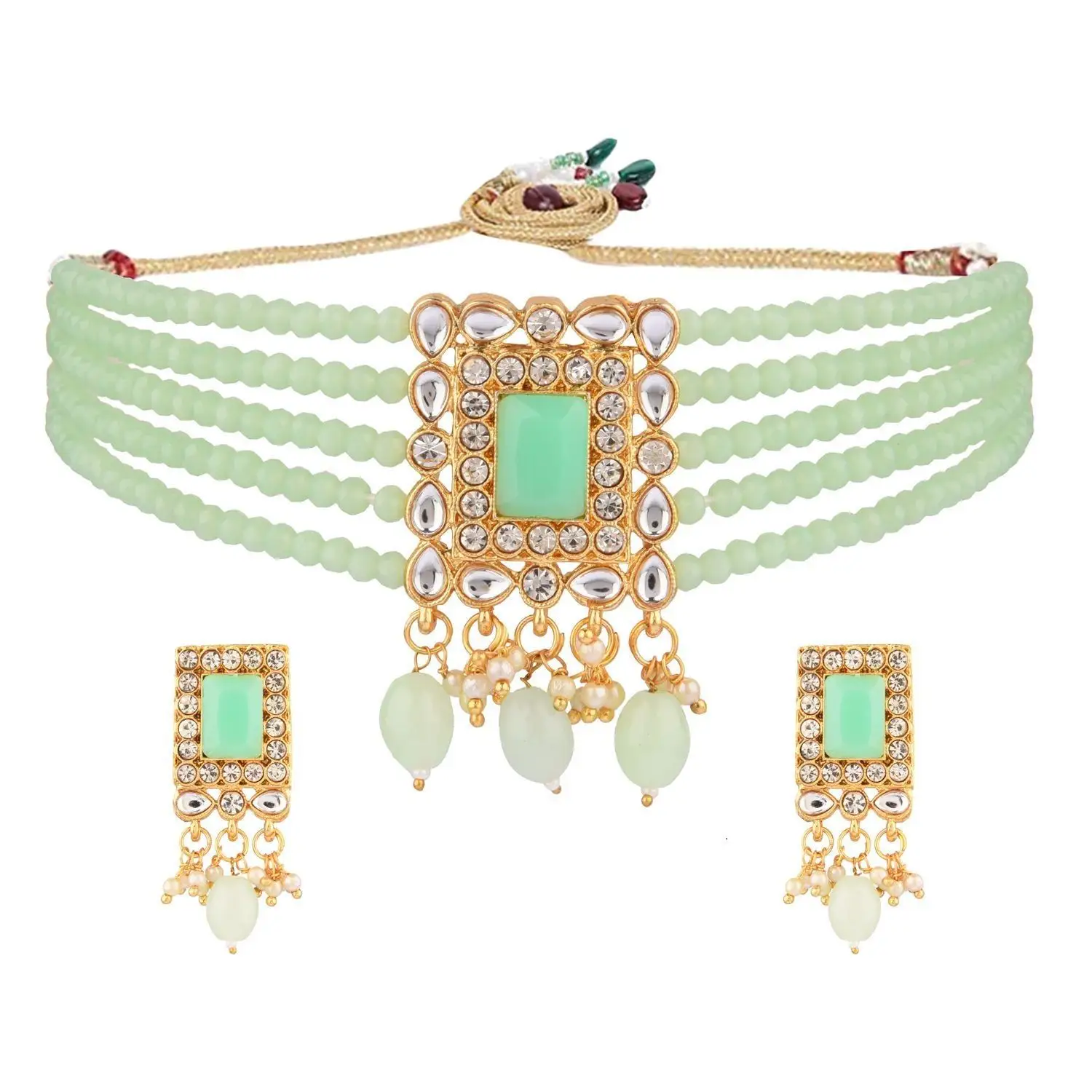 Crystal Sieraden Produceert Kundan Faux Parel Kralen Choker Ketting Bruids Sieraden Set, Mint Kleur