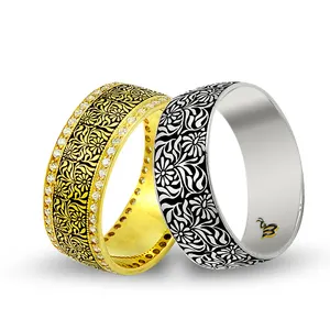 14k纯金艺术设计他的结婚戒指定制雕刻套装金戒指和结婚戒指男士结婚戒指