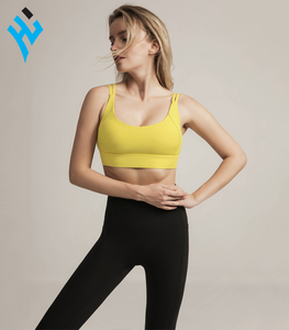 Soutien-gorge de sport jaune à col rond et bretelles spaghetti, côtelé, taille haute, sans couture, respirant, couleur unie, haut de yoga, vêtements de sport pour femmes - Product Image 3