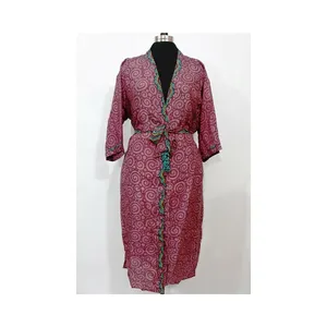 Hot Selling Vintage Gerecycled Zijde Sari Kimono Gewaad Bedrukt Bohemian Maxi Kimono Multi Colored Kaftan Jurk Voor Vrouwen