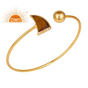 Pretty Natural Tiger Eye CZ 14K Chapado en oro 925 Sterling Silver Womens Sleek Cuff Bangle Jewelry Classic Collection - Product Image 1