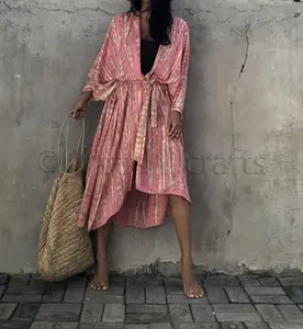 Perfect summer light pink tie dye Color ladies full sleeve with matching belt boho kimonos swim cover up Women's Dresses