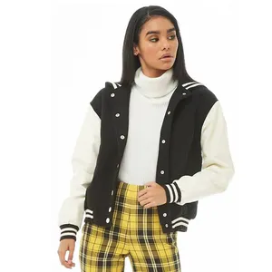Black Wool With White Rib Sleeves Button Front Pockets Varsity Women Jackets