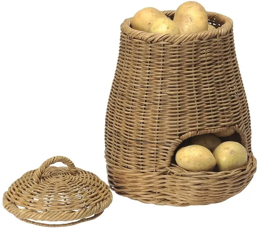 Cesta de mimbre hecha a mano para almacenamiento de frutas y verduras, cesta de mimbre con tapa, alta calidad, 100%