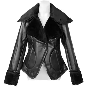 Women's New Black Faux Fur Leather Biker Jacket Top Shearling Jacket - Wholesale Price