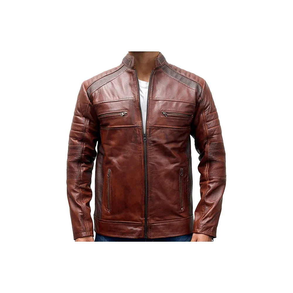 Chaqueta de motorista de cuero genuino para hombre, nueva chaqueta de cuero encerado marrón personalizada, de alta calidad